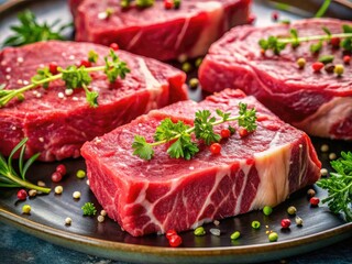 Fototapeta premium Striated raw beef fillet, a close-up aerial macro reveals exquisite marbling.