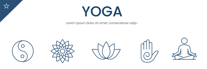 Yoga Icons set, yin yang, lotus flower, meditation, and a meditating person. Vector Illustration .