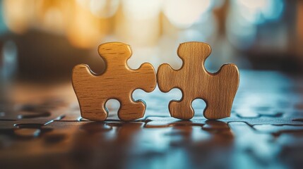 Wooden Puzzle Pieces Connecting on a Table with Soft Focus Background