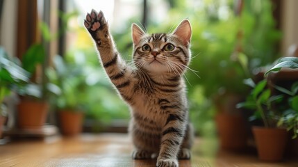 Obraz premium Playful kitten raising paw with a curious expression amidst indoor greenery, showcasing its playful spirit and the warmth of home life in a vibrant natural setting.