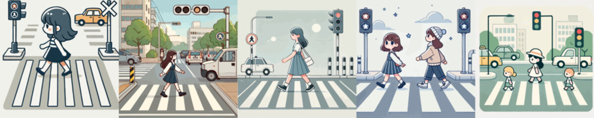 cartoon vector of people crossing on zebra crossing