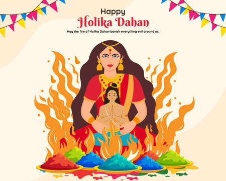 holika dahan with Prahlad and Holika Sitting at Fire choti holi festival of colors with colourful gulal plates 