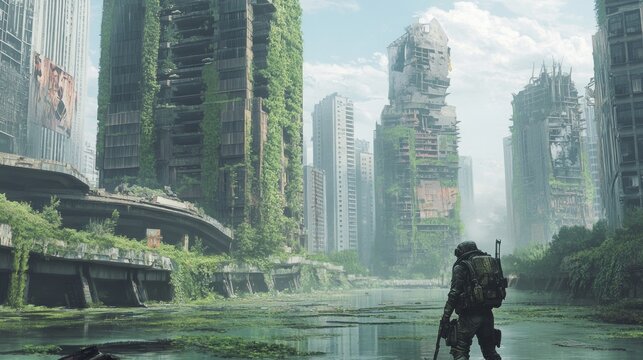 A landscape of a ruined city overtaken by nature, and a lone wanderer wearing a futuristic gas mask , AI Generative.