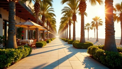 Fototapeta premium Serene Beachfront Promenade at Sunset with Palm Trees and Outdoor Cafe Seating