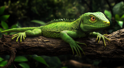 Fototapeta premium This stunning image features a vibrant green lizard perched on a branch, blending harmoniously with its lush surroundings, showcasing nature's intricate beauty and the elegance of reptilian life.