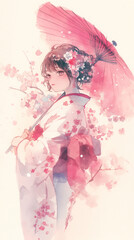 Fototapeta premium 桜の季節｜日本的な美しさを描いた和風イラスト。柔らかな水彩タッチのイラスト。スマートフォン9:16のアスペクト比 