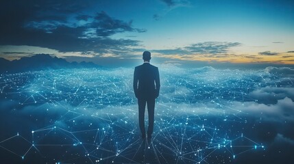 Businessman Standing on Clouds with Digital Connections and Sunset