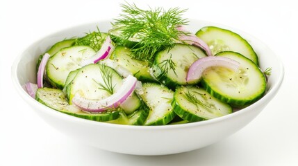 A bowl of refreshing cucumber salad with thinly sliced cucumbers, red onion, dill
