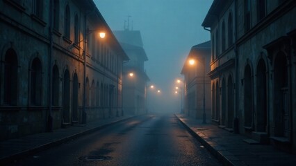 Obraz premium Misty Night Street Scene An Enigmatic Alleyway Bathed in the Soft Glow of Streetlights