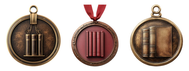 Three distinct medals featuring books, isolated on a transparent background