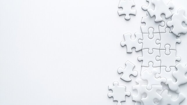 White puzzle pieces scattered on white background, teamwork concept