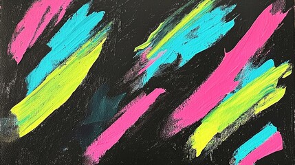 Fototapeta premium Bright abstract painting with bold pink, blue, and yellow strokes on black canvas showcasing dynamic creativity