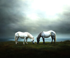 Obraz premium Two beautiful horses graze peacefully on a misty hilltop, surrounded by a serene landscape.