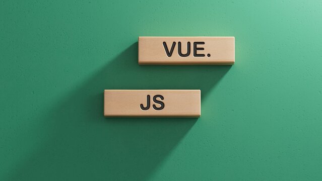 Business and design concept - wooden mannequin with surreal wood cube Javascript VUE JS. the symbol of leadership.3D rendering on green background. - Powered by Adobe