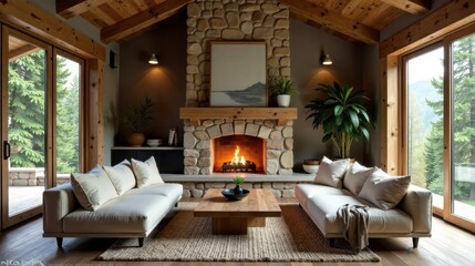 Relaxing Modern Mountain Cabin Living Room with Stone Fireplace and Expansive Window Views