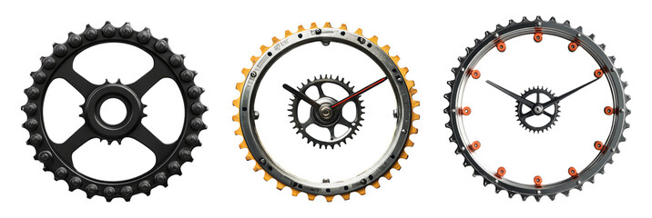 Isolated bicycle gears showcasing different designs on a transparent background