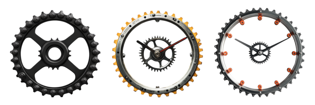 Isolated bicycle gears showcasing different designs on a transparent background - Powered by Adobe
