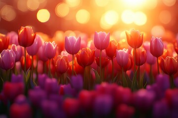 Vibrant field of tulips in full bloom, golden sunlight casting rays over colorful petals, evoking springtime joy and Easter morning beauty.