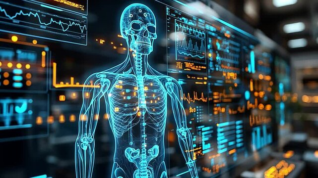 Digital Anatomy: Futuristic holographic projection of a human skeletal system with glowing internal organs displayed on a large digital screen, surrounded by complex data interfaces.  