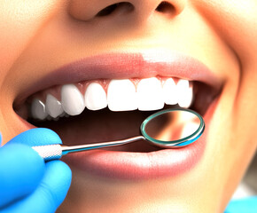 Obraz premium A patient smiles during a dental check-up, showcasing pristine white teeth.