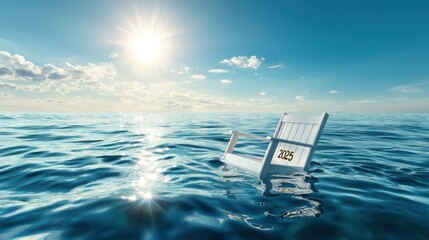 Fototapeta premium A white chair floats serenely on calm blue waters under a bright sun, creating a surreal and tranquil scene.