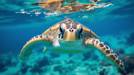 Fototapeta premium Close-up of a Sea Turtle Swimming Underwater