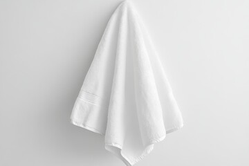 White towel hanging on a white wall, isolated against a white background, clean and minimalist design, detailed photograph.