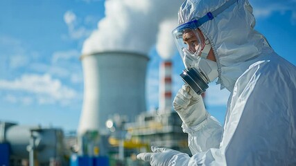 A dedicated power plant worker dressed in protective gear performs safety checks at the facility.