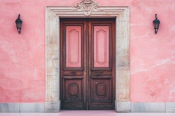 Antique door with weathered paint and ornate details, centered on a soft pink marble surface.