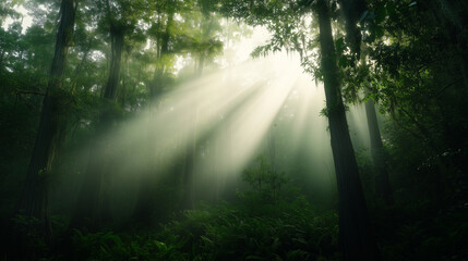 Obraz premium Sunlight pierces through lush green trees in tranquil forest, creating dreamy, ethereal scene, nature at its most peaceful