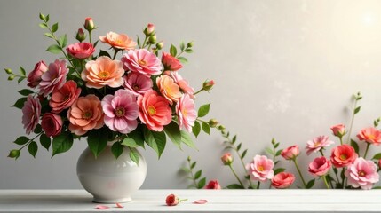 Fototapeta premium A Delicate Arrangement of Peach and Pink Blossoms in a Simple White Vase, Adorned with Lush Greenery and Soft Lighting, Creates a Serene and Elegant Floral Still Life