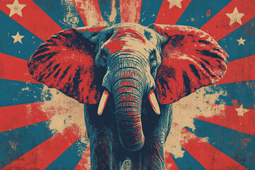 Circus poster, poster with elephant on blue and red rays background. Vintage circus banner