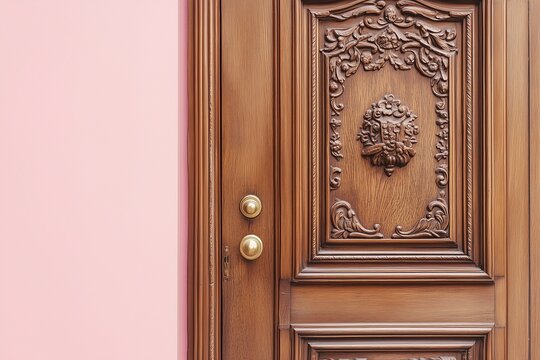 Antique wooden door with ornate carvings and brass details on a soft pink gradient background.