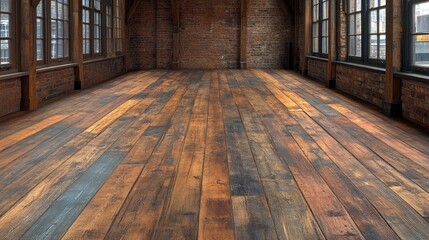 Loft interior reclaimed wood floor, brick walls, large windows