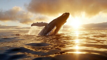 Fototapeta premium Whale breaching in ocean during sunset with beautiful sky and water reflections.