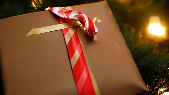 Dolly in video towards a gift wrapped in brown paper with a red and white candy cane attached, set against a dark background with blurred string lights