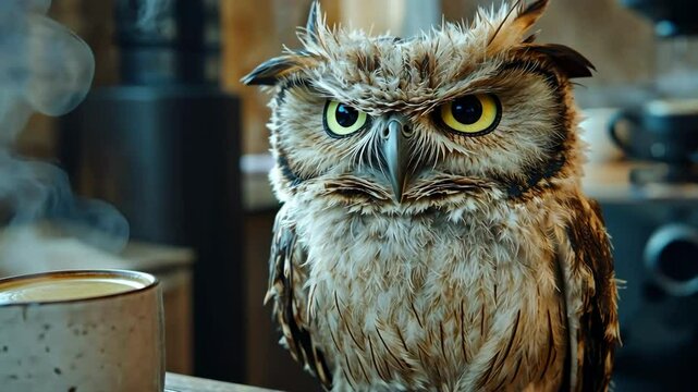 A grumpy owl sits beside a steaming coffee cup on table, whimsical scene. Hangover, morning routine