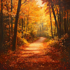 Obraz premium Autumn Path: A picturesque path winds through a vibrant autumn forest, bathed in warm, golden sunlight. The rich tapestry of red and gold leaves creates a magical, serene atmosphere. 