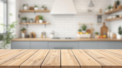 Empty Wooden Kitchen Tabletop in Front of a Blurred Modern Kitchen