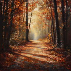 Fototapeta premium Autumn Path Through Golden Woods: A sunlit path winds its way through a mesmerizing forest, Golden leaves blanket the ground, casting long shadows.