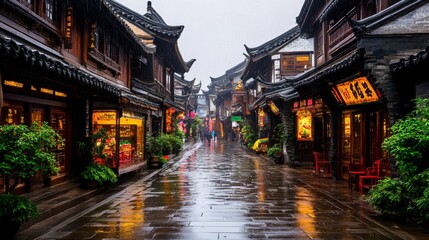 Obraz premium Rain-Kissed Ancient Chinese Street Scene Charming Architecture