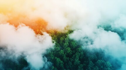 An aerial viewpoint of Asperitas clouds above a heavily hazy woodland