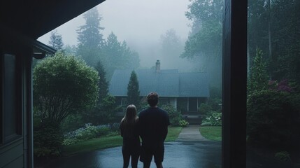 Rainy Day Couple Gazing at Home in Woods