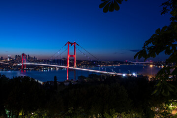 Istanbul Bosphorus Bridge at night. 15th July Martyrs Bridge (15 Temmuz Sehitler Koprusu). Istanbul, Turkey. Famous and best touristic destination Nation Park in Nakkastepe Romantic night landscape