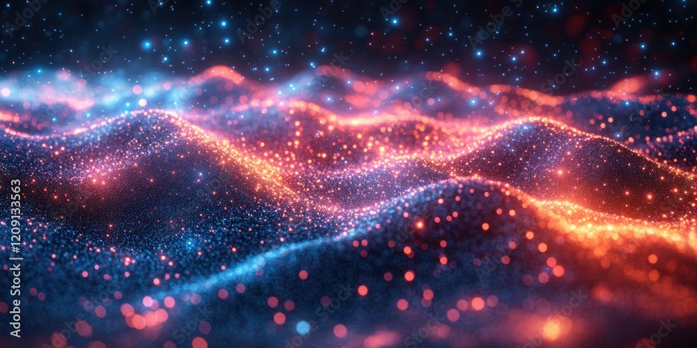 Poster futuristic digital landscape with glowing geometric network and abstract polygons