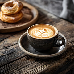 Coffee Break Delight: Indulge in the aromatic allure of a perfectly crafted cappuccino, adorned with delicate latte art, accompanied by delectable pastries on a rustic wooden table.