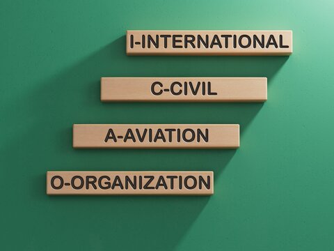 Closeup wood cubes into the row to complete the word icao, converge benefits, mutal benefits concept.3D rendering on green background.