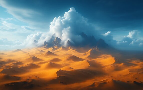 Majestic mountains shrouded in clouds over a vast, golden desert.