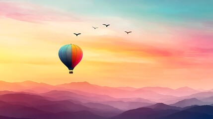 Fototapeta premium An amazing hot air balloon trip over stunning scenery with hues of dawn or sunset