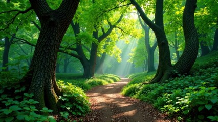 Obraz premium Sunlit Path Through a Lush Green Forest with Majestic Trees and Verdant Undergrowth